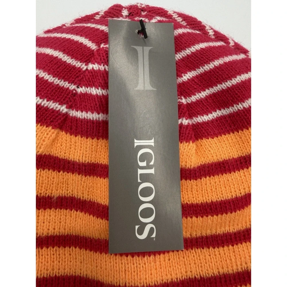 IGLOOS Girls Red Gray Stripe Beanie Hat 7-16 One Size Winter Ski Outdoors